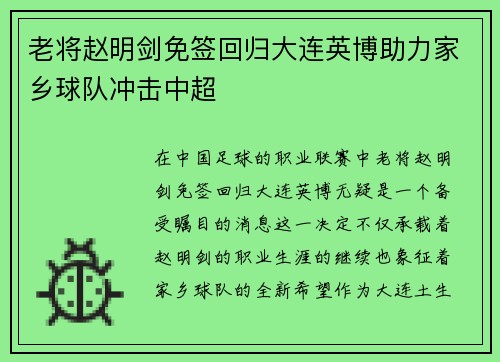 老将赵明剑免签回归大连英博助力家乡球队冲击中超