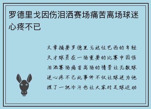 罗德里戈因伤泪洒赛场痛苦离场球迷心疼不已