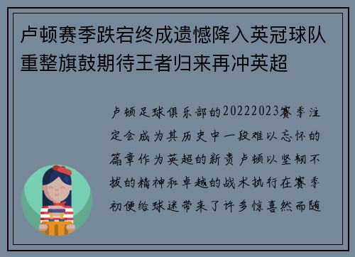 卢顿赛季跌宕终成遗憾降入英冠球队重整旗鼓期待王者归来再冲英超