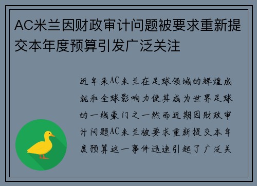 AC米兰因财政审计问题被要求重新提交本年度预算引发广泛关注 AC米兰因财政审计问题被要求重新提交本年度预算引发广泛关注